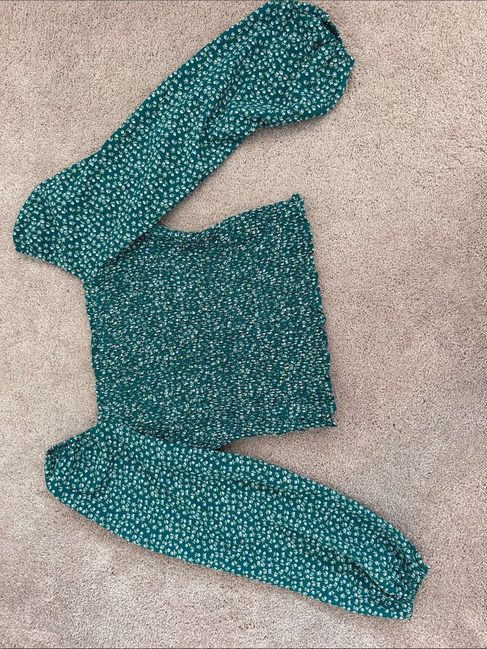 Women’s Teal Floral Smocked Top with Puff Sleeves